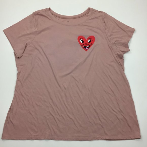 KEITH HARING Ripple Junction Beige Brown Red Smiling Heart Logo Print Tee Shirt - Picture 1 of 8